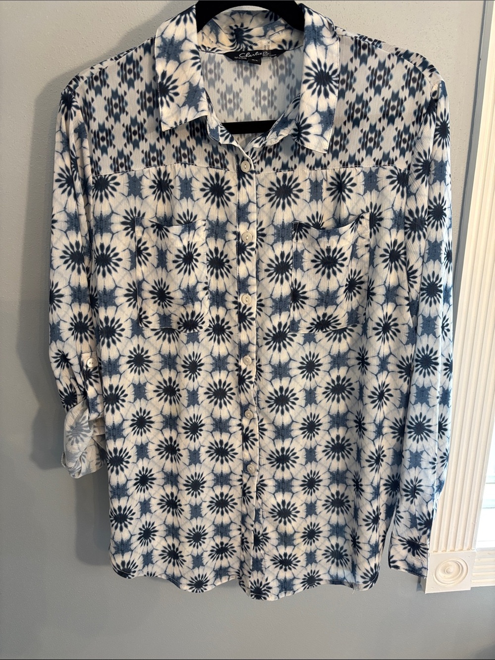 Charlie B Navy and White Shibori Starburst Button-Down Semi-Sheer Shirt, SZ L